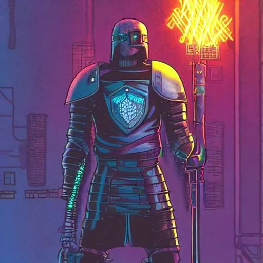 Image similar to a cyberpunk knight in heavy armor holding a large sword in a cyberpunk setting, comic book art, cyberpunk, art by stan lee,, colorful, bright high tech lights, dark, moody, dramatic, 8 0 s vibe, neon lines marvel comics, dc comics