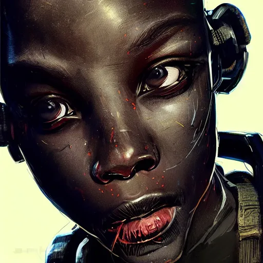 Image similar to a dark and ominous african child soldier with glowing eyes and a half robot face, Apex Legends character digital illustration portrait design, by android jones and greg rutkowski in a cyberpunk voodoo style, detailed, cinematic lighting, wide angle action dynamic portrait