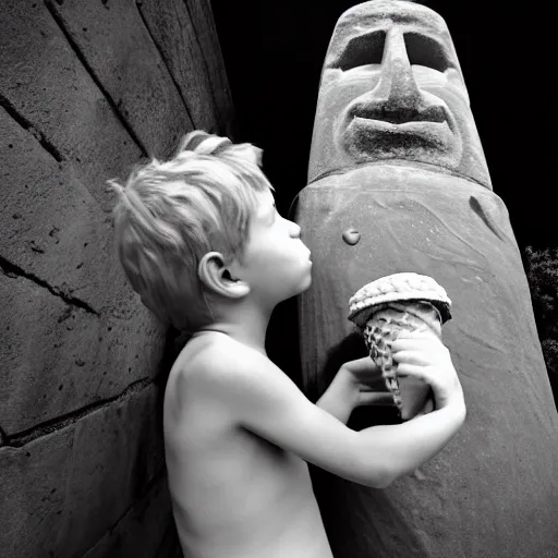 Image similar to a very disgusted and crying kid holding and looking an ice cream cone with a small moai statue in the cone, 4 k photograph