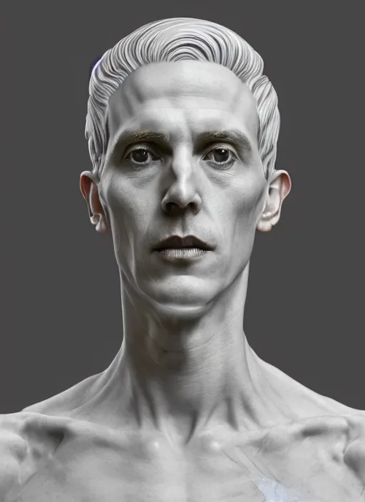 Prompt: a statue made of white marble with gold veins, of john linnell from they might be giants, transhumanism, full body shot, perfect symmetrical body, perfect symmetrical face, hyper realistic, hyper detailed, by johannen voss, by peter kemp, by monia merlo, by michelangelo, octane render, blender, 8 k