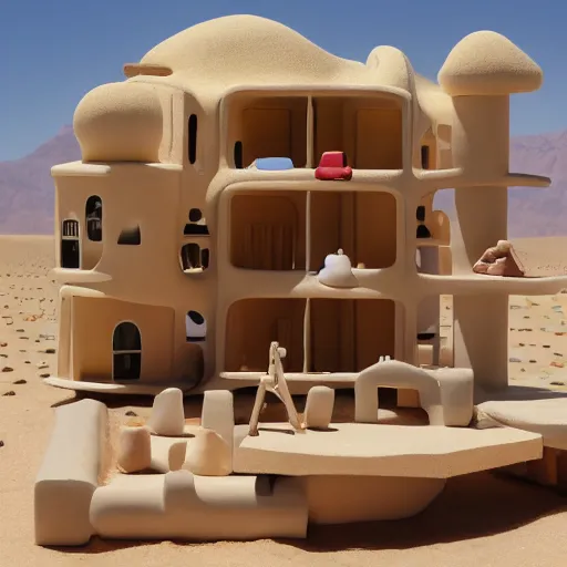 Image similar to big scale babyschema hotel in the dessert, toy house, modernism