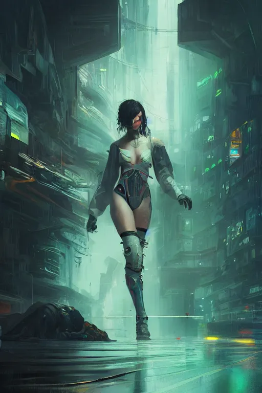 Image similar to a beautiful young woman wearing a cyberpunk outfit, intricate, elegant, volumetric lighting, scenery, digital painting, highly detailed, artstation, sharp focus, illustration, concept art,ruan jia, steve mccurry