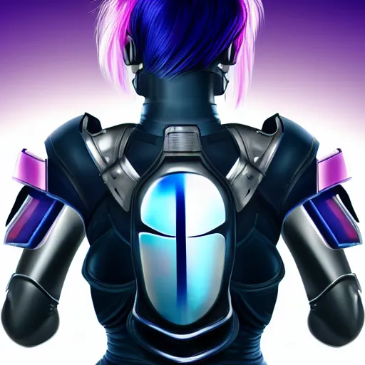 Image similar to a award winning action upper body portrait of a beautiful woman with a ombre purple pink hairstyle with head in motion and hair flying while wearing futuristic navy blue bodyarmor and pauldrons, outrun, vaporware, highly detailed, fine detail, intricate