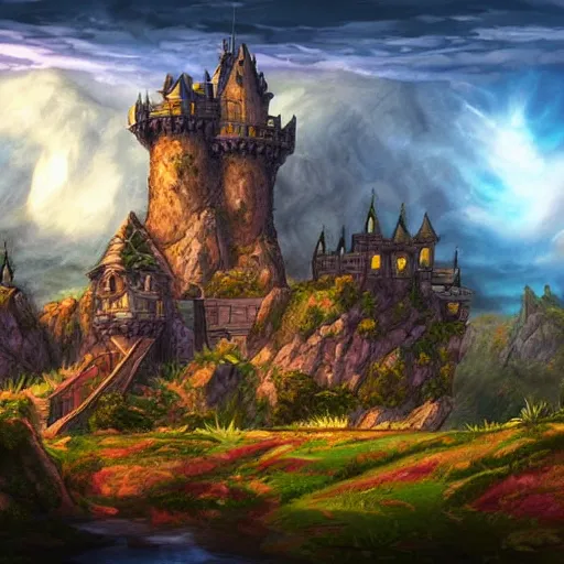 Image similar to a castle on a flying island, an island floating in the sky, clouds background, hearthstone coloring style, epic fantasy style art, fantasy epic digital art, epic fantasy card game art