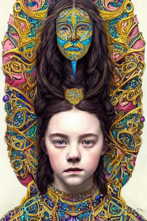 Image similar to a colorful head and torso art nouveau portrait of a 16-year old sun goddess who resembles Saoirse Ronan and Anya Taylor Joy with a worried, intense gaze and slightly opened mouth, ornate intricate iridescent battle armor, intricate, elegant, highly detailed, digital painting, artstation, concept art, smooth, sharp focus, illustration, art by John William Waterhouse and Bouguereau and Donato Giancola and alphonse mucha