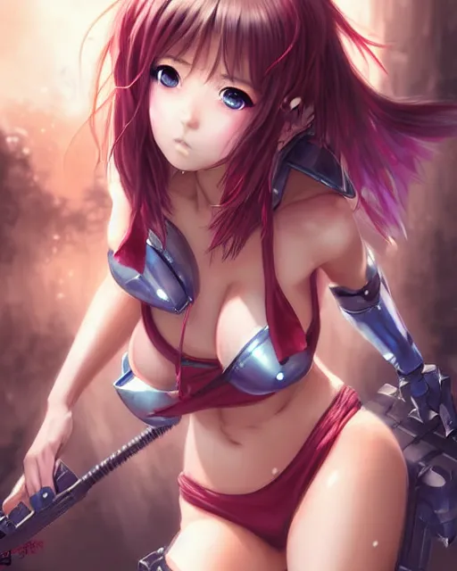 Image similar to portrait Anime Girl in bikini armor cute-fine-face, pretty face, realistic shaded Perfect face, fine details. Anime. Warhammer, futuristic, cyberpunk realistic shaded lighting by katsuhiro otomo ghost-in-the-shell, magali villeneuve, artgerm, rutkowski Jeremy Lipkin and Giuseppe Dangelico Pino and Michael Garmash and Rob Rey