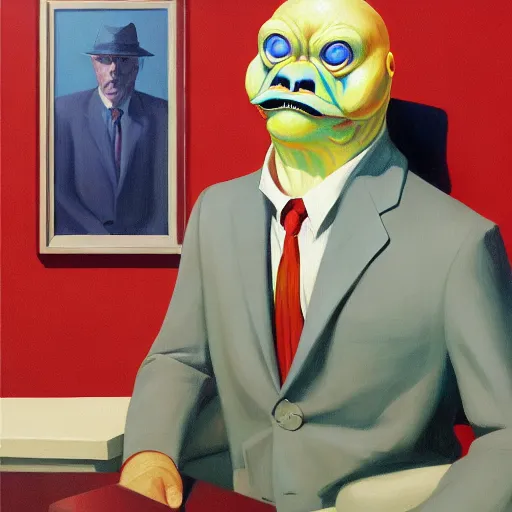 Prompt: Portrait of mr. Fish wearing a business suit , very coherent, painted by Edward Hopper, Wayne Barlowe, painted by James Gilleard, airbrush, art by JamesJean