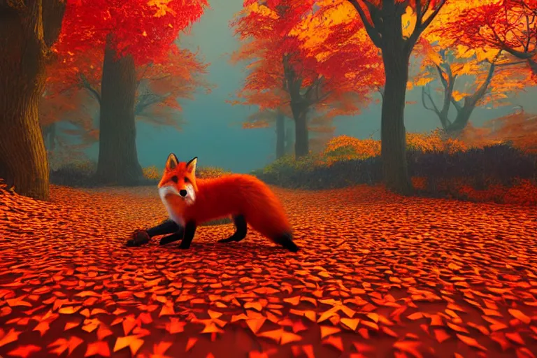 Image similar to super detailed color lowpoly art, red fox in an autumn maple forest, unreal engine, retrowave color palette, 3 d render, lowpoly, colorful, digital art, perspective