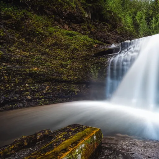 Image similar to large waterfall, water turning into diamonds and falling into a lake, wide angle shot, 8K