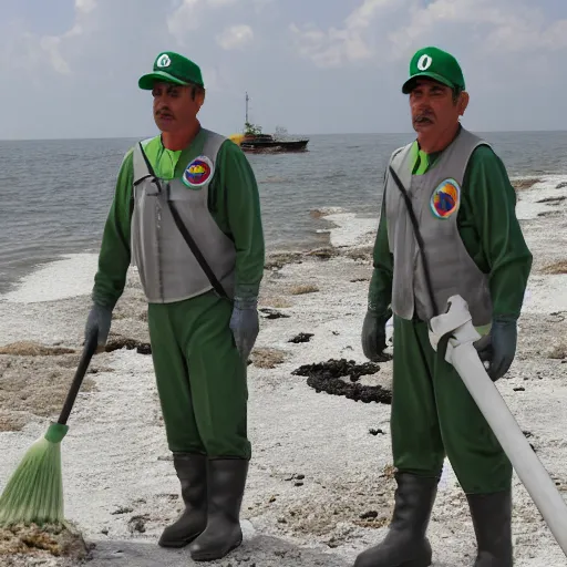 Image similar to Mario and Luigi, cleaning up the gulf oil spill with the help of The mexican military