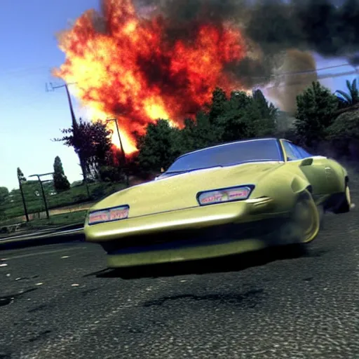 Image similar to an old car jumping over a fire, in game screenshot from need for speed ( 1 9 9 6 )