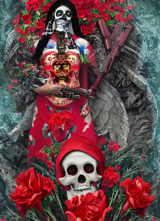 Image similar to mexican masterpiece of a skull faced Santa muerte with a book in her hand and surrounded by red flowers and ak45 as offers,+ no crop, visionary art, extremely high detail, realistic, octane render, post processed,