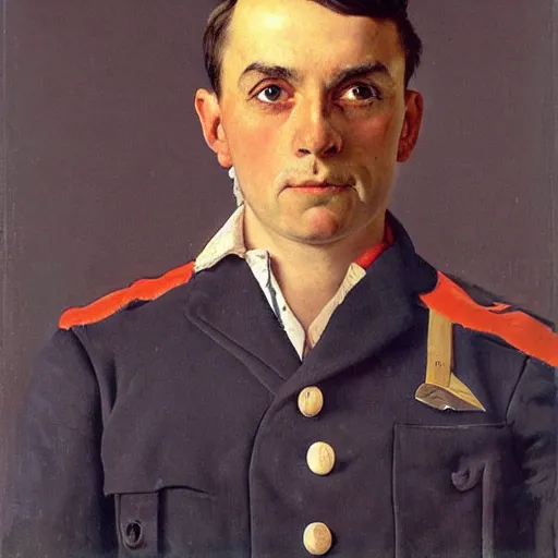 Image similar to Frontal portrait of a Frenchman wearing his mandatory national uniform for daily life. Painting by Norman Rockwell.