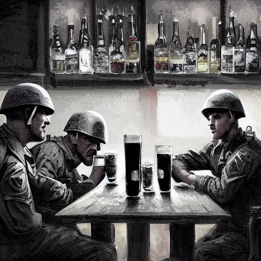 Image similar to World War 2 soldiers drinking at a pub. Digital painting by James Jean and Greg Rutkowski, 4k wallpaper, dramatic and relaxing lighting