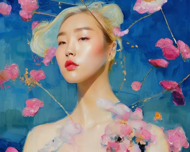 Prompt: lee jin - eun in elegant chic interstellar dress emerging from gold gold by martine johanna, michael garmash and katsuhiro otomo, rule of thirds, seductive look, beautiful, cotton candy clouds, puyallup berteronian, himalayan poppy flowers, gorgeous, face anatomy, refined, masterpiece