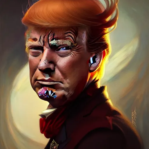 Prompt: Portrait of Trump, D&D, red eyes, face, fantasy, intricate, elegant, highly detailed, digital painting, artstation, concept art, smooth, sharp focus, illustration, art by artgerm and greg rutkowski and alphonse mucha