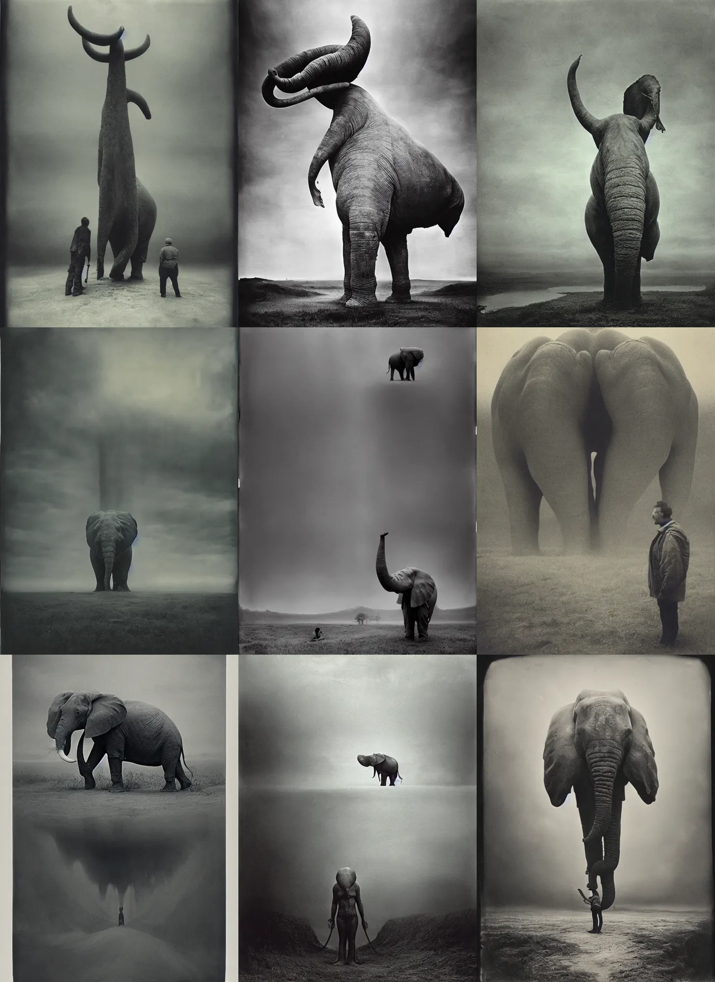 Prompt: wet plate photography, standing up monstruous loxodon, beksinski