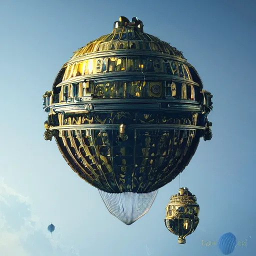 Image similar to enormous flying city in a faberge egg, sky, steampunk, fantasy art, masterpiece, hugh ferriss, octane render