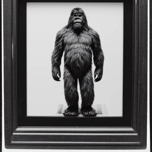 Prompt: very old analog portrait of bigfoot!!, black and white photography, in a frame, on a table, high definition