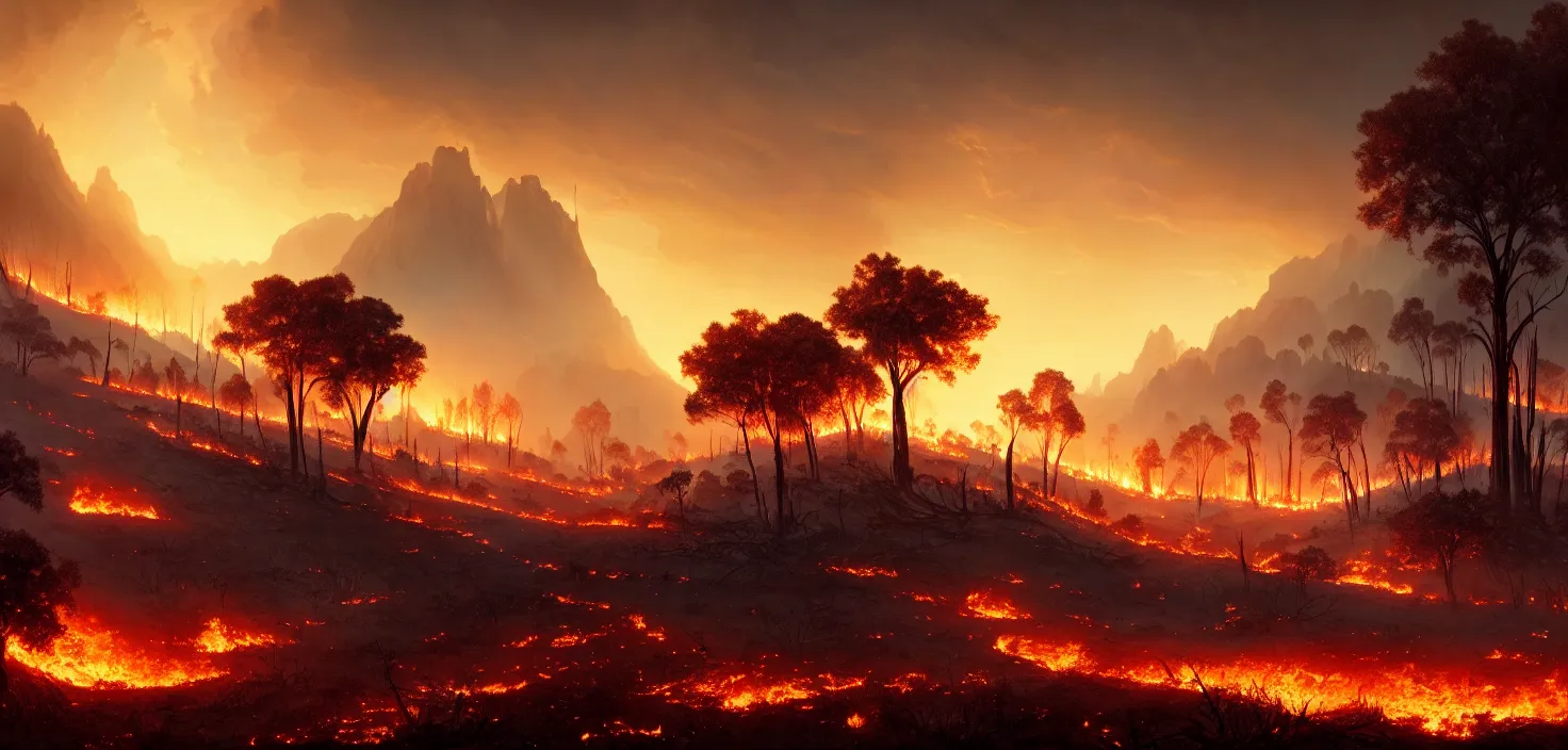 Prompt: devastated scorched earth in the valley, burnt trees, burnt vegetation and grass, cinematic view, epic sky, detailed, concept art, low angle, high detail, warm lighting, volumetric, godrays, vivid, beautiful, trending on artstation, by jordan grimmer, huge scene, grass, art greg rutkowski