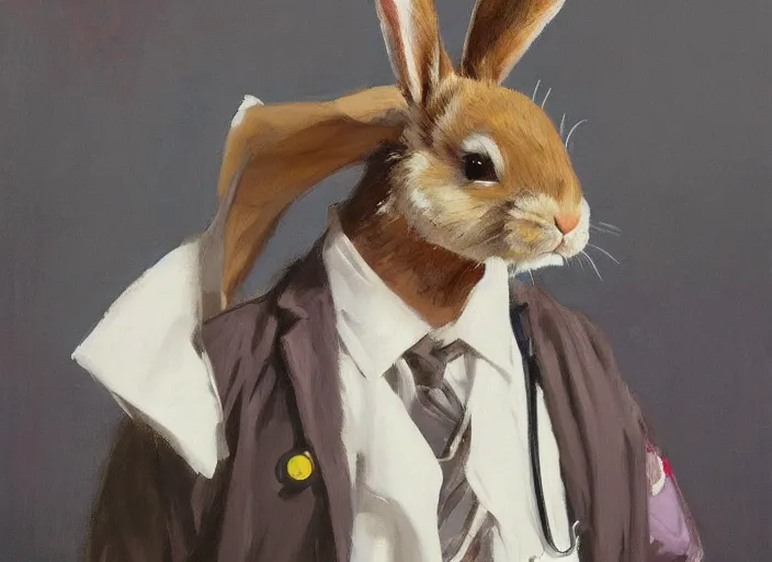 Image similar to a highly detailed beautiful portrait of a bunny wearing a doctor costume, by gregory manchess, james gurney, james jean