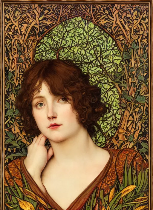 Prompt: masterpiece beautiful seductive flowing curves preraphaelite face portrait photography, sam spratt, extreme close up shot, straight bangs, thick set features, yellow ochre ornate medieval dress, amongst foliage mushroom forest circle arch, william morris and kilian eng and mucha, framed, 4 k