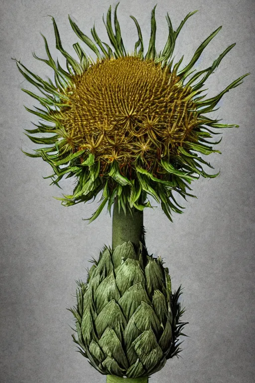 Image similar to a artichoke thistle dandelion monster, highly detailed, digital art, sharp focus, trending on art station