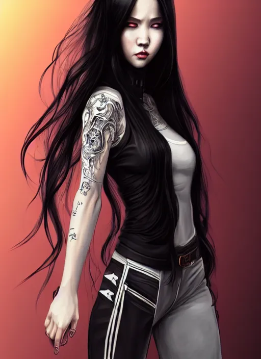 Prompt: full body portrait of long black hair girl within a streetwear. porcelain warforged, cynical face, concept art, character illustrations, intricate, highly detailed 8 k, smooth, matte, sharp focus, rim light, beautiful and aesthetic shape of face and body, artgerm, artstation, art by zexi guo