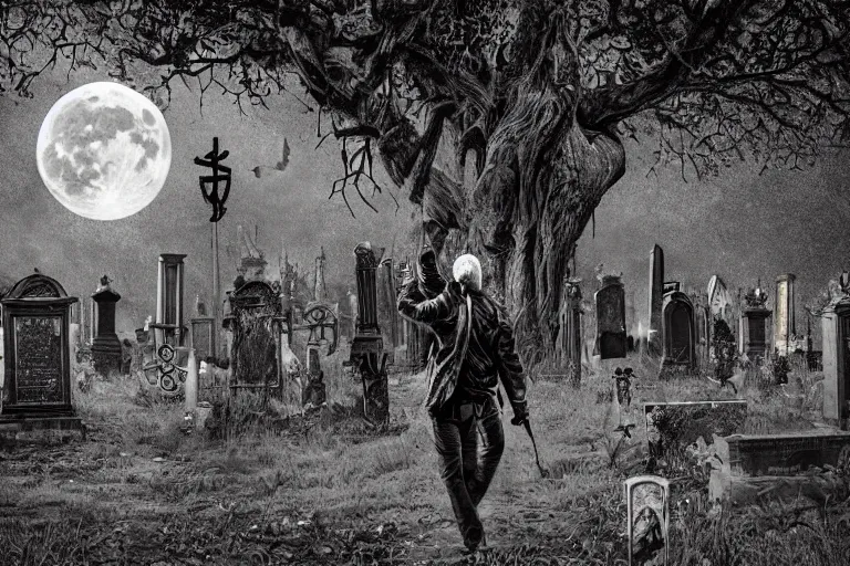 Prompt: dead anarchist walking through a cemetery, middle finger, pirate flag sticking out of his pocket, evil look, leather coat, dark night, full moon, crowd of zombies and walking deads around, crows on the oak tree, highly detailed digital art, photorealistic