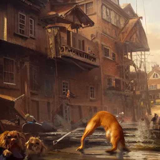 Prompt: a highly detailed oil painting of a giant dog smashing houses, renaissance, bystanders watching from the sides, 4 k, by greg rutkowski, artstation,