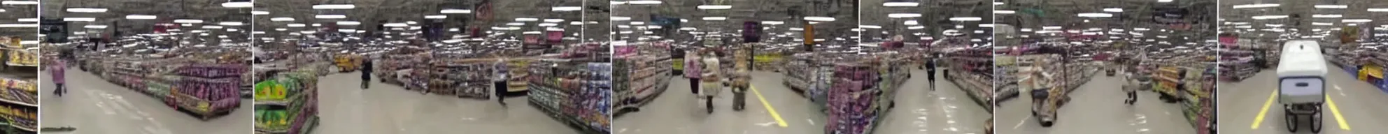 Image similar to consistent frames from a video of a cow walking around in a walmart