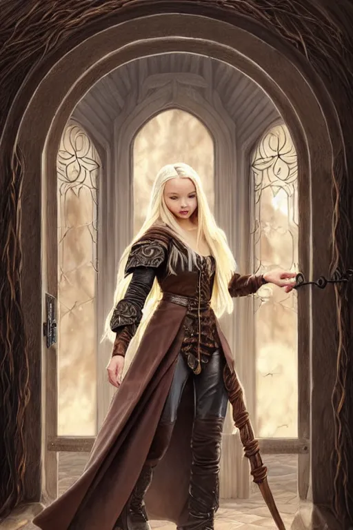 Prompt: mage blonde braided hair dove cameron closing a beautiful cottagecore portal gate, heavy cloak, brown leather accents, leather jerkin, castle town, fantasy character portrait, ultra realistic, intricate, elegant, highly detailed, digital painting, artstaion, smooth, sharp, focus, illustration, art by artgerm and greg rutkowski and alphonse mucha