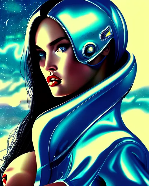 Image similar to closeup beautiful retro space megan fox varga girl, posing on a chrome space ship in diesel punk city, windblown dark hair, seductive, hyper detailed, digital art, smooth, sharp focus,