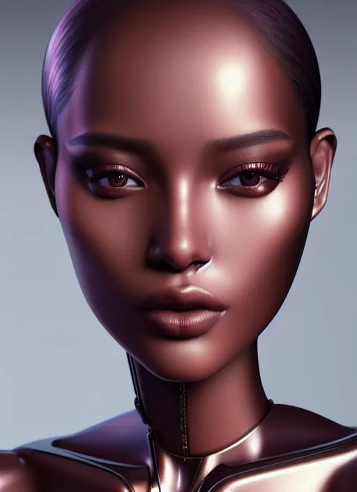 Prompt: portrait of robot model, intricate, sharp focus, octane render, brown skin, so real, detailed, beautiful, unreal engine, symmetrical!!, maybelline, sephora, loreal, artstation, art by artgerm, rossdraws, art by karol bak, makeup by pat mcgrath, cinematic, concept art, filmic, vsco