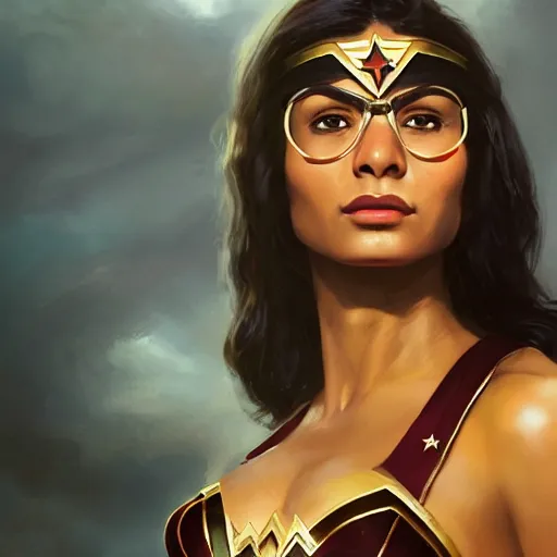 Prompt: a potrait of Mia Khalifa as Wonder Woman by Greg Rutkowski, Sung Choi, Mitchell Mohrhauser, Maciej Kuciara, Johnson Ting, Maxim Verehin, Peter Konig, Zack Snyder, 8k photorealistic, cinematic lighting, HD, high details, dramatic, trending on artstation, full body shot