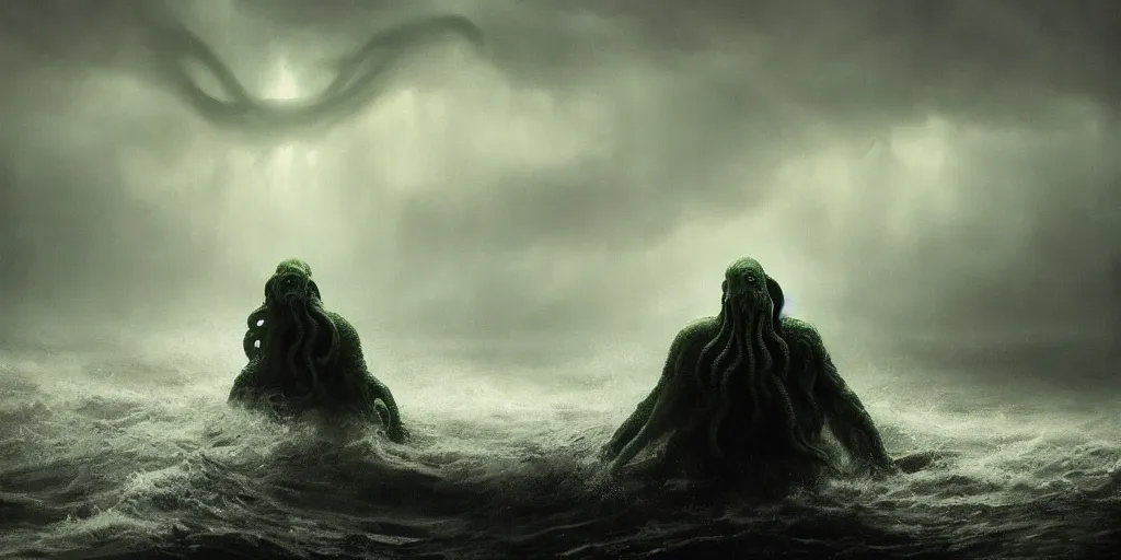 Image similar to cthulhu rising out of the ocean, hyper realistic oil painting, dark, moody cinematic lighting, creepy, fog, storm clouds, by greg rutkowski, trending on artstation