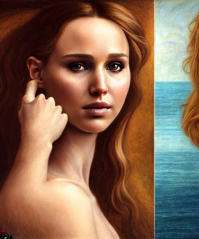 Image similar to half nathalie portman half Jennifer lawrence a fantasy magic woman portrait by Sandro Botticelli, oil painting masterpiece, sci-fi, loving amber eyes, face, long hair, fantasy, intricate, elegant, highly detailed, digital painting, soft diffuse lightning, concept art, smooth, sharp focus, illustration, art by artgerm and greg rutkowski and alphonse mucha