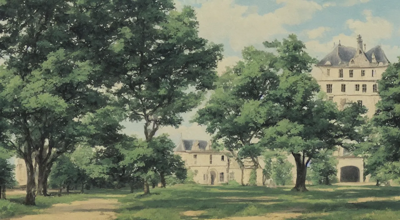 Image similar to a landscape painting of a French manor, in the style of anime