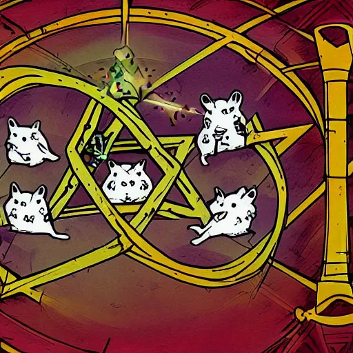 Prompt: the occult hamsters surrounding the sigil waiting for the rift to stabilize, digital art