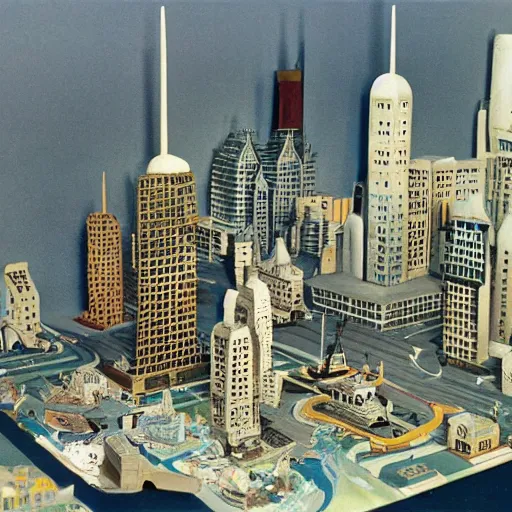 Prompt: The city of the future, diorama, 1956