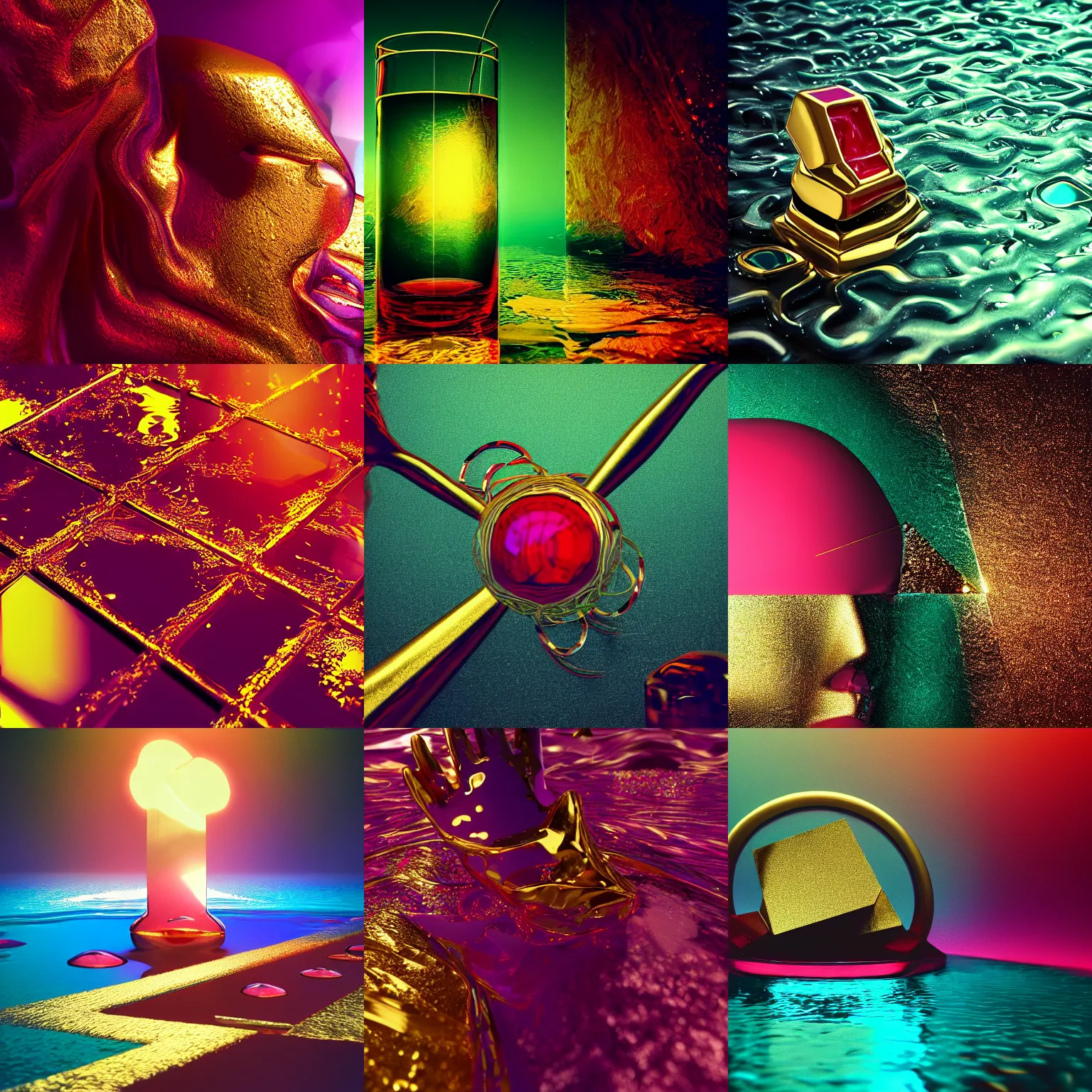 Prompt: vivid conceptual dream of resonating fear, gold, ruby, glass, water, vaporwave, HDR, octane render, 8k, 4k