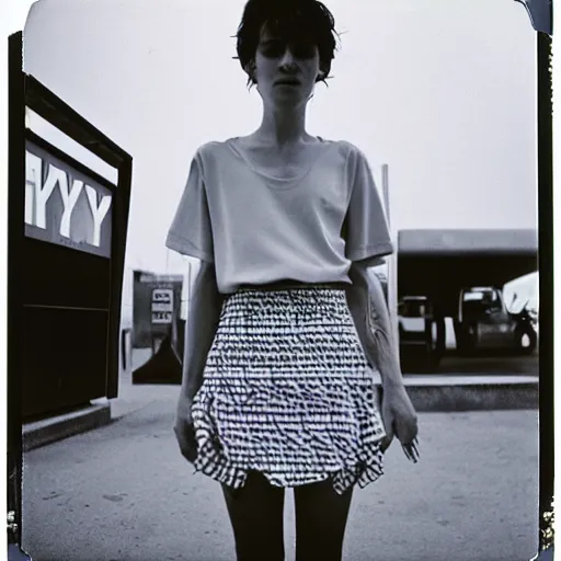 Image similar to polish woman with short hair wearing an issey miyake shirt and skirt at a gas station, polaroid, by nan goldin, jamel shabbaz, gregg araki