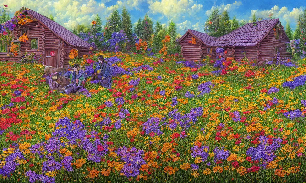 Prompt: a cabin in a mystical field of flowers, oil on canvas, intricate, hd, digital art, complementing colors, detailed, illustration painting by alex gray, digital art, moebius