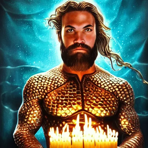 Image similar to intricate five star portrait of aquaman blowing the candle at his birthday, emotion, oil on canvas, hdr, high detail, photo realistic, hyperrealism, matte finish, high contrast, 3 d depth, centered, masterpiece, grainy, tasteful colors, enhanced light effect, enhanced eye detail, artstationhd