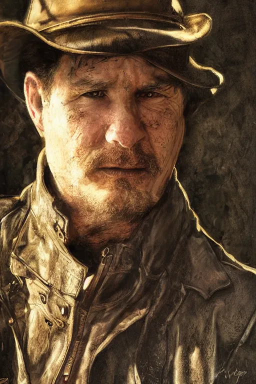 Prompt: portrait, headshot, digital painting, 50's adventurer, middle aged, wrinkled, dark hair, fedora, stained dirty clothing, leather jacket, realistic, hyperdetailed, concept art, chiaroscuro, orientalism Waterhouse style