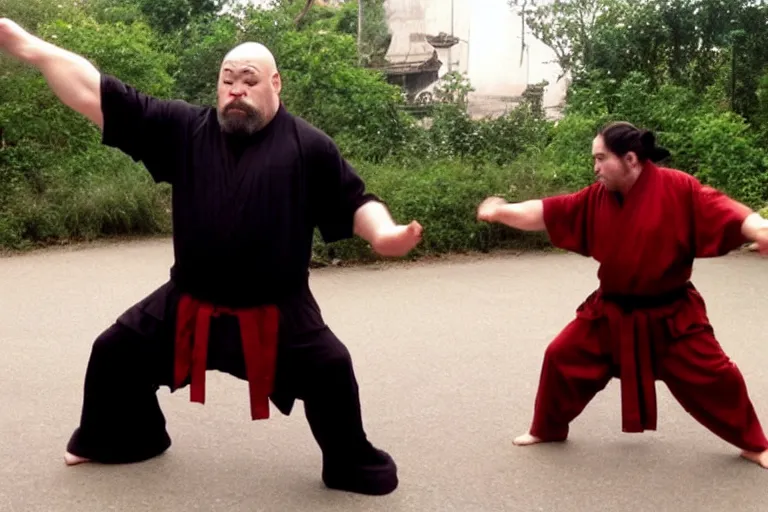 Image similar to 6 0 0 pound dwarf doing kung fu practice in the matrix