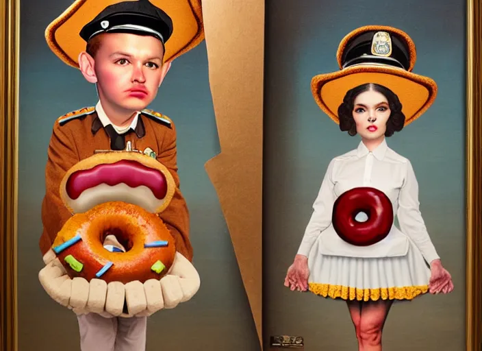 Image similar to a donut dressing a police officer costume, lowbrow, matte painting, 3 - d highly detailed, in the style of mark ryden,