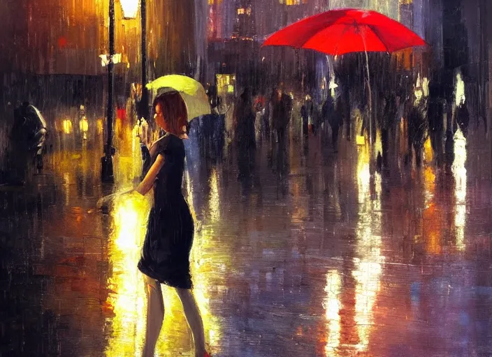 Prompt: evening city scene with young woman with umbrella held up slightly. beautiful use of light and shadow to create a sense of depth and movement. using energetic brushwork and a limited color palette, providing a distinctive look and expressive quality in a rhythmic composition