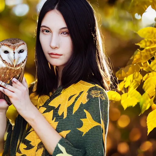 Image similar to portrait photograph of beautiful!!!! young female , symmetric face!, symmetric eyes, slight smile, natural light, wearing a yellow kimono!! with a very detailed barn owl! on her shoulder in a tropical greenhouse. looking at the camera!!. golden crown made of golden leaves. super resolution. Extremely detailed. Graflex camera!, bokeh!!!!!. by alphonse mucha.