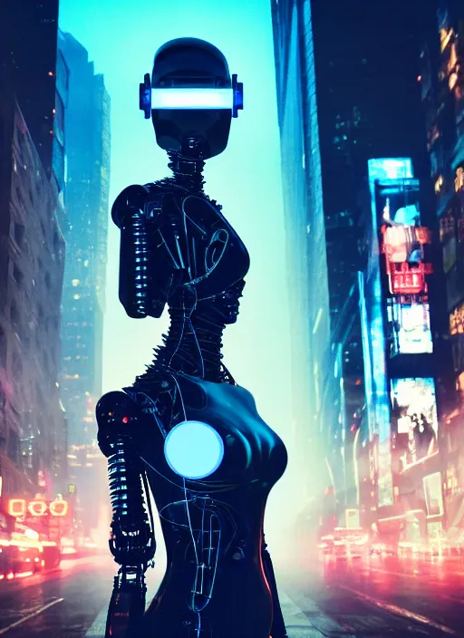 Image similar to cyberpunk,sci-fi, fantasy,Kodak Portra 400, 8K, soft light, volumetric lighting, highly detailed, britt marling style 3/4 ,portrait photo of a beautiful cyborg robot woman in a street of new york + face,night, fog, cyan lighting, intricate, elegant, highly detailed, digital painting, artstation, concept art, smooth, sharp focus, illustration,art by artgerm and greg rutkowski and alphonse mucha , sigma art 85mm F1.8